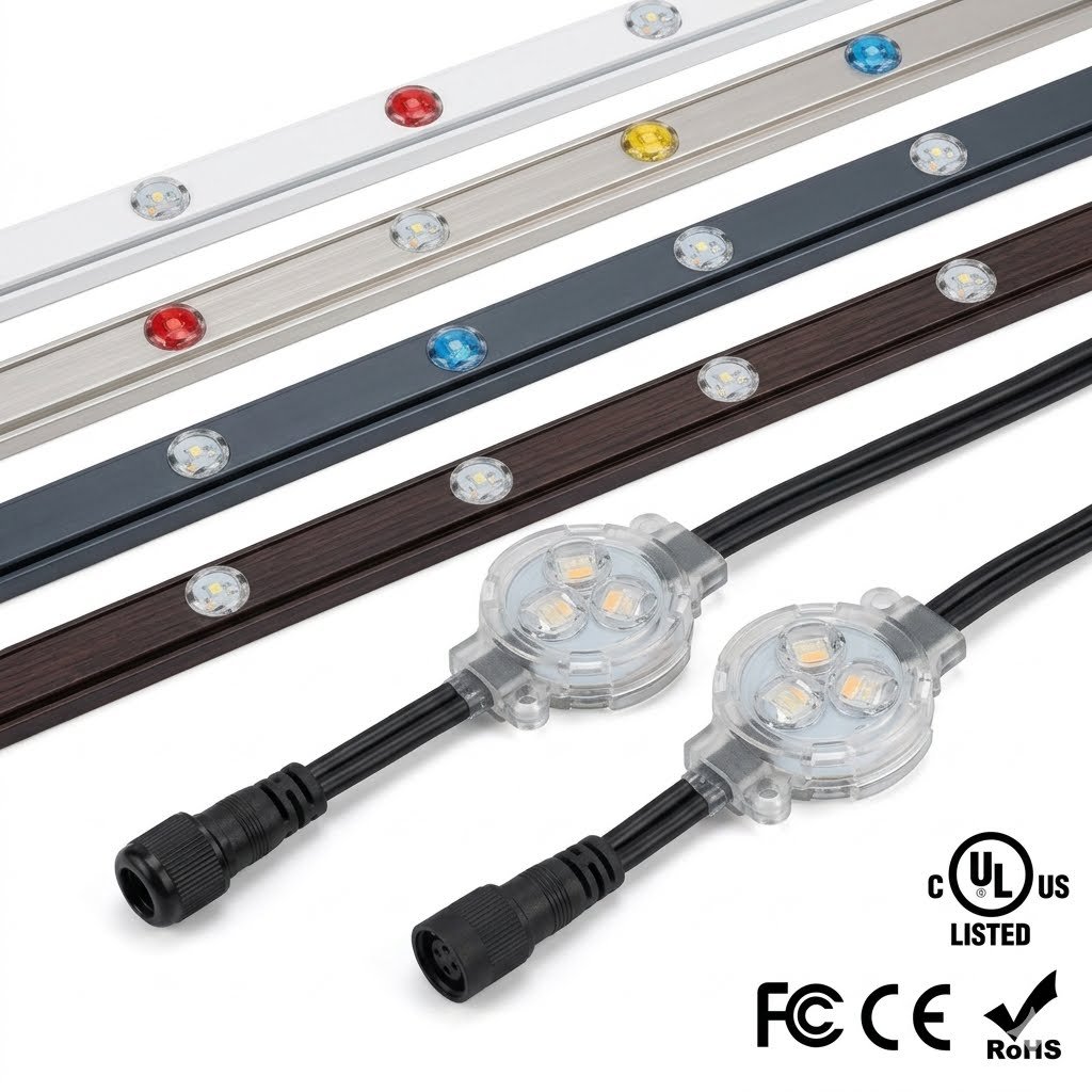 Pixel lights mounted in aluminum track in several colours